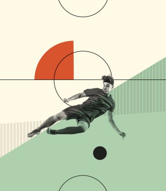 Çağdaş sanat kolajı. Genç bir adamla yaratıcı tasarım, hareket halindeki futbolcu, antrenman. Kazanmaya odaklan. Yaratıcılık, eylem, enerji, spor, rekabet ve reklam kavramı. Poster, broşür