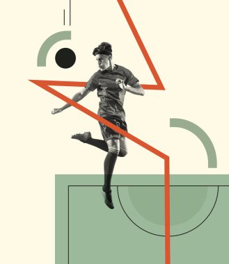 Contemporary art collage. Creative design with young man, football player in motion, training. Maintaining sportive lifestyle. Concept of creativity, action, energy, sport, competition and ad. Poster