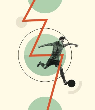 Çağdaş sanat kolajı. Genç ve aktif bir adamla yaratıcı tasarım, futbol oyuncusu hareket halinde, top sürüyor. Şampiyonluk. Yaratıcılık, eylem, enerji, spor, rekabet ve reklam kavramı. Poster