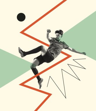 Çağdaş sanat kolajı. Genç bir adamla yaratıcı tasarım, hareket halindeki futbolcu, antrenman. Sahada motive olmuş bir sporcu. Yaratıcılık, eylem, enerji, spor, rekabet ve reklam kavramı. Poster