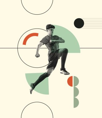 Contemporary art collage. Creative design with young sportive man, football player in motion, kicking ball with knee in a jump. Concept of creativity, action, energy, sport, competition and ad. Poster