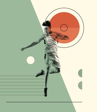 Çağdaş sanat kolajı. Genç bir adamla yaratıcı tasarım, hareket halindeki futbolcu, antrenman. Salya akıtma egzersizleri. Yaratıcılık, eylem, enerji, spor, rekabet ve reklam kavramı. Poster, broşür