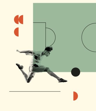 Çağdaş sanat kolajı. Genç bir adamla yaratıcı tasarım, hareket halindeki futbolcu, antrenman. Top sallanıyor. Yaratıcılık, eylem, enerji, spor, rekabet ve reklam kavramı. Poster, broşür