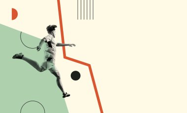 Çağdaş sanat kolajı. Genç bir adamla yaratıcı tasarım, hareket halindeki futbolcu, antrenman. Popüler saha oyunu. Yaratıcılık, eylem, enerji, spor, rekabet ve reklam kavramı. Poster, broşür