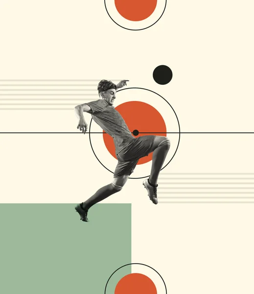 Contemporary Art Collage Creative Design Concentrated Male Sportsman Football Player — Zdjęcie stockowe