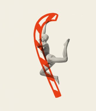 Çağdaş sanat kolajı. Yaratıcı tasarım. Mayolu genç bir kadın atlıyor. Noel süsleri. Yaratıcılık kavramı, Noel, yeni yıl, bayram, kutlama, kış. İlan için alanı kopyala