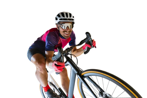 Portrait Man Professional Cyclist Training Riding Isolated White Studio Background — Stockfoto