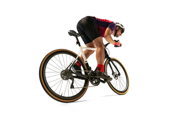 Portrait Man Professional Cyclist Training Riding Isolated White Studio Background — Foto de Stock
