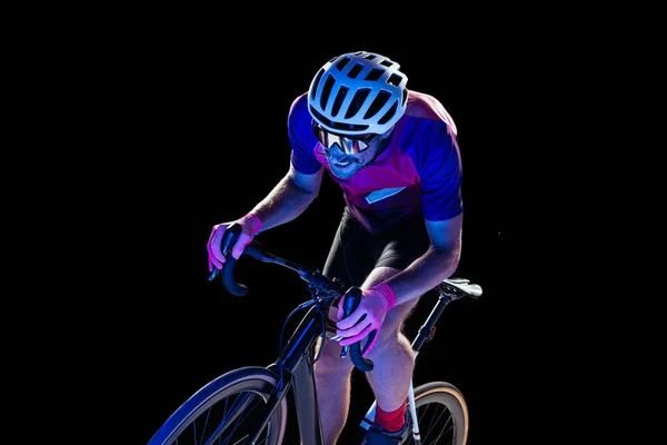 Portrait Man Professional Cyclist Training Riding Isolated Black Studio Background — Stockfoto