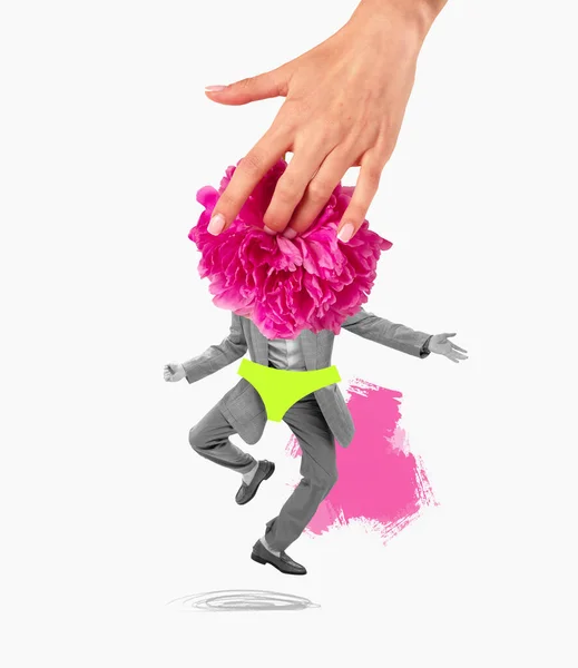 Koláž Současného Umění Mladý Muž Obleku Květinovou Hlavou Tancující Izolovaně — Stock fotografie