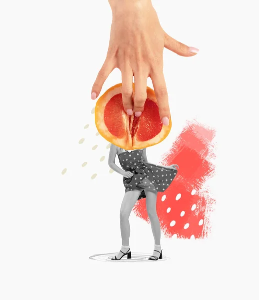 Contemporary Art Collage Stylish Young Woman Cheerfully Dancing Grapefruit Head — Φωτογραφία Αρχείου