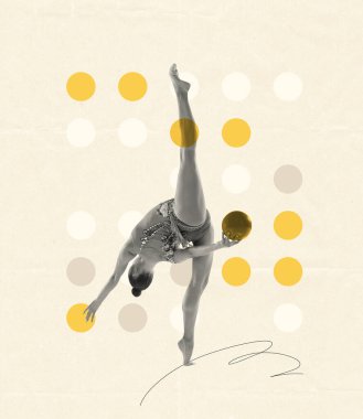 Yaratıcı tasarım. Güzel bayan ritmik jimnastikçi topla jimnastik yapıyor. Çekilmiş elementler. Yaratıcılık kavramı, aksiyon, hareket, spor hayatı, rekabet. Retro tarzı. poster, ad