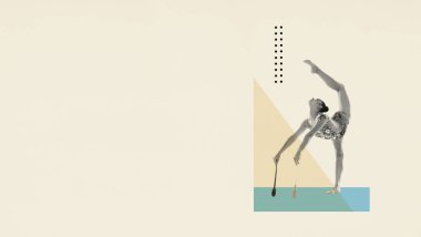 Yaratıcı tasarım. Genç, esnek bayan ritmik jimnastikçi, hareketli kulüpler. El ilanı. Yaratıcılık kavramı, aksiyon, hareket, spor hayatı, rekabet. Retro tarzı. poster, ad