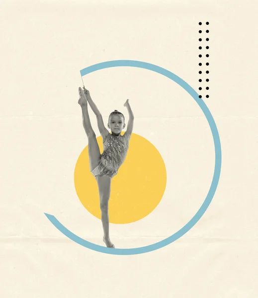 Creative Design Little Girl Rhytmic Gymnast Training Exercising Ribbon Drawn — Zdjęcie stockowe