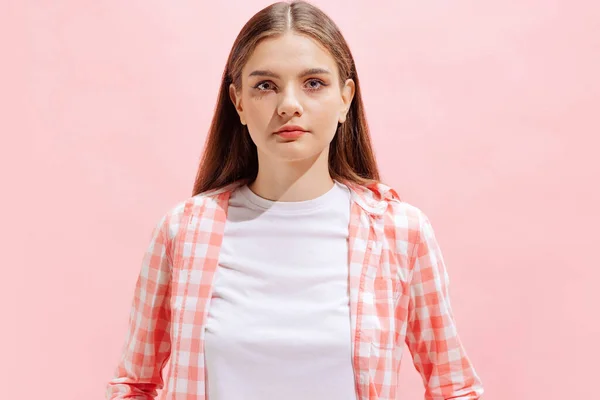 Portrait Young Girl Checkered Shirt Posing Isolated Pink Studio Background — Fotografia de Stock
