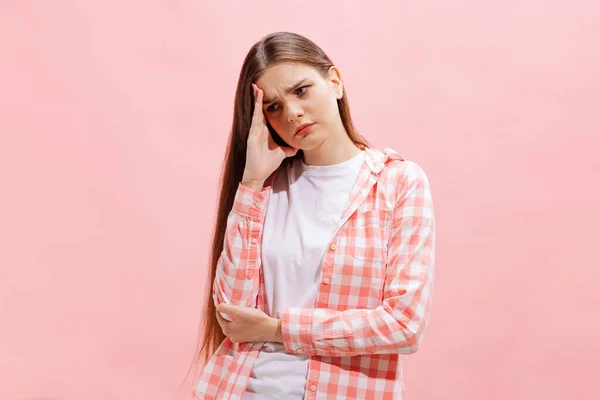 Portrait Young Girl Checkered Shirt Posing Isolated Pink Studio Background — Photo