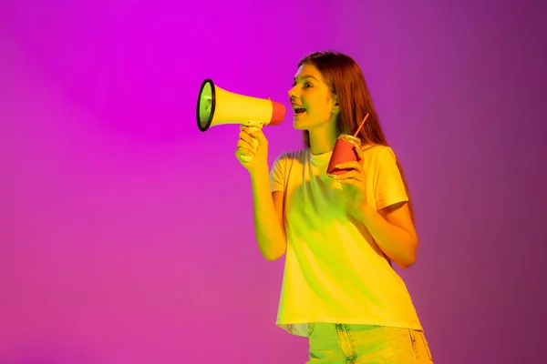 Portrait Young Cheerful Girl Posing Shouting Megaphone Isolated Pink Background — Fotografia de Stock