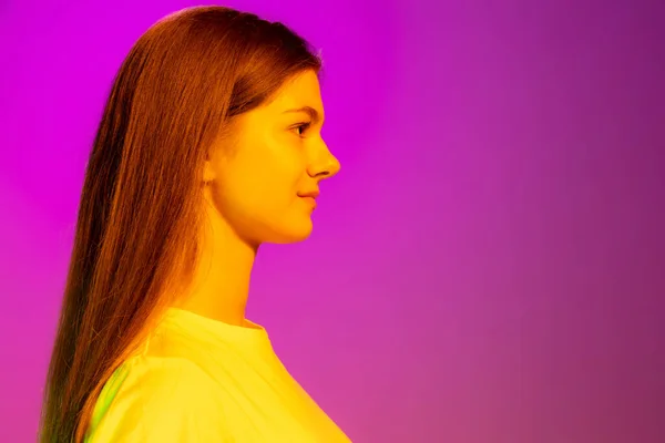 Portrait Young Girl Posing Calmly Looking Isolated Pink Background Neon — Foto de Stock