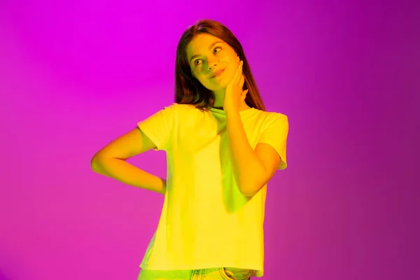 Portrait Young Girl Posing Isolated Pink Background Neon Light Dreamy — 스톡 사진