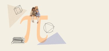 Contemporary art collage. Little girls, children sitting on mathematics symbol and whispering. Math lesson. Concept of childhood, education, creativity, study, homework. Retro style. Poster, ad