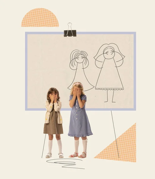 Contemporary art collage. Two little girls, children covering face. Art, drawing lesson. Retro style design. Concept of childhood, education, creativity, study, homework. Poster and ad