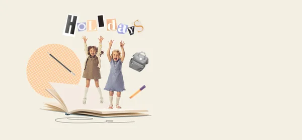 Contemporary art collage. Happy and excited little girls, children jumping on open book. Happy holidays. Concept of childhood, education, creativity, study, homework. Retro style. Poster, ad