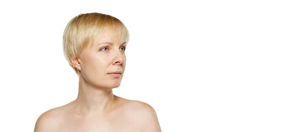 Portrait Beautiful Middle Aged Woman Isolated White Background Cosmetology Plastic — Stockfoto