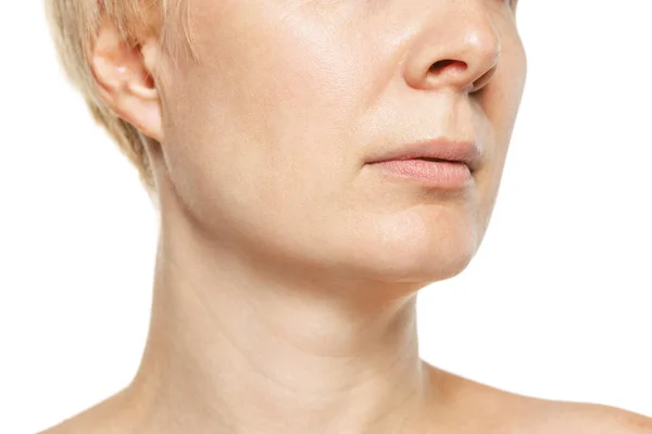 Close Portrait Middle Aged Womans Lips Chin Model Isolated White — Stock Photo, Image