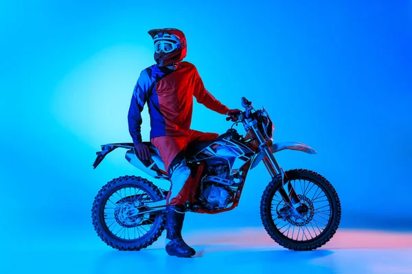 Portrait Young Man Biker Professional Sports Equipment Isolated Blue Studio — Stockfoto