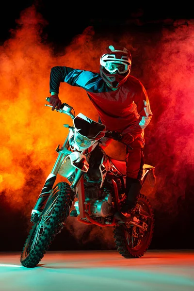 Portrait Young Man Biker Motorbike Turning Speed Isolated Dark Background — Fotografia de Stock