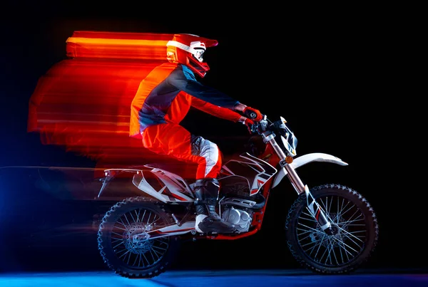 Portrait Young Man Biker Riding Motorbike Isolated Black Background Neon — Fotografia de Stock