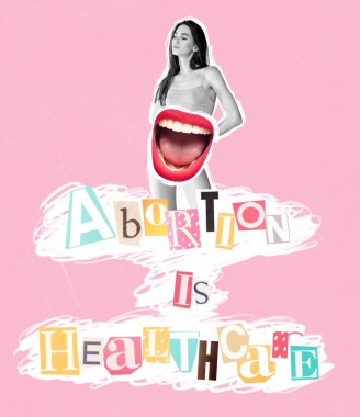 Contemporary art collage. Conceptual image. Tender young woman in underwear on pink background. Abortion issue. Choice. Concept of womens heath care, medicine, treatment, lifestyle, freedom of choice