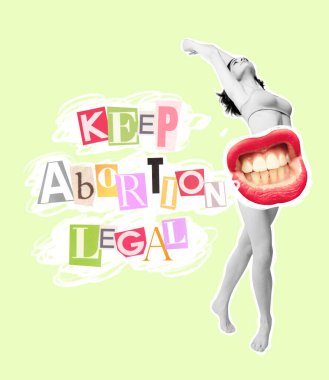 Çağdaş sanat kolajı. Dişi ağzı olan hassas bir kadın. Kürtajı yasal tutun. Tıbbi bakım. Kadınların sağlık, ilaç, tedavi, yaşam tarzı, seçim özgürlüğü kavramı