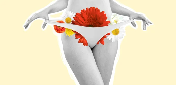 Contemporary Artwork Cropped Image Female Body Flowers Isolated Yellow Background — Photo