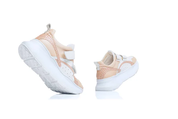 Casual Peach Colored Sneakers Shoes Isolated White Studio Background Comfortable — Stockfoto