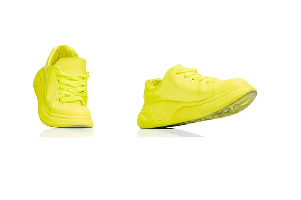 Stylish Trendy Colorful Yellow Gumshoes Sneakers Isolated White Studio Background — Zdjęcie stockowe