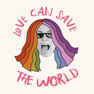 Çağdaş sanat kolajı. Kavramsal imaj, neşeli kadın yüzü ve gökkuşağı saçı. Aşk hayat kurtarabilir. Özgürlük kavramı, eşitlik, sosyal destek, lgbt. İlan için alanı kopyala