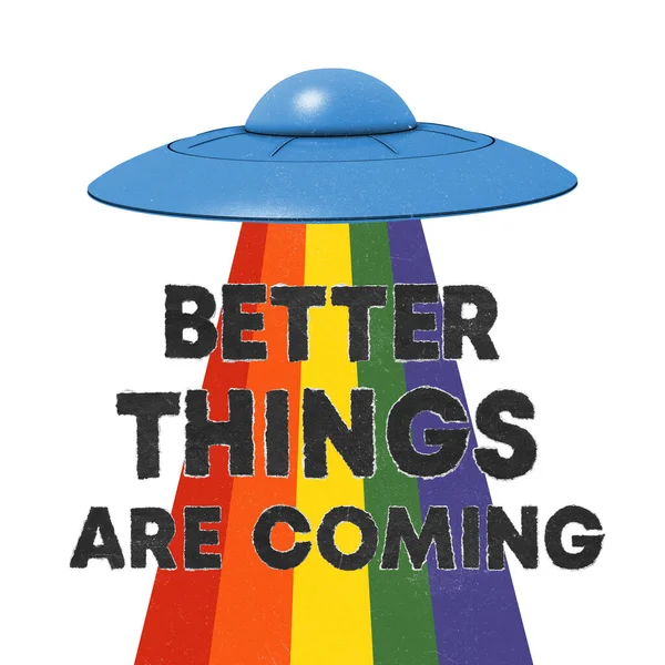 Contemporary Art Collage Creative Conceptual Image Flying Ufo Rainbow Lgbtqia — Stok Foto