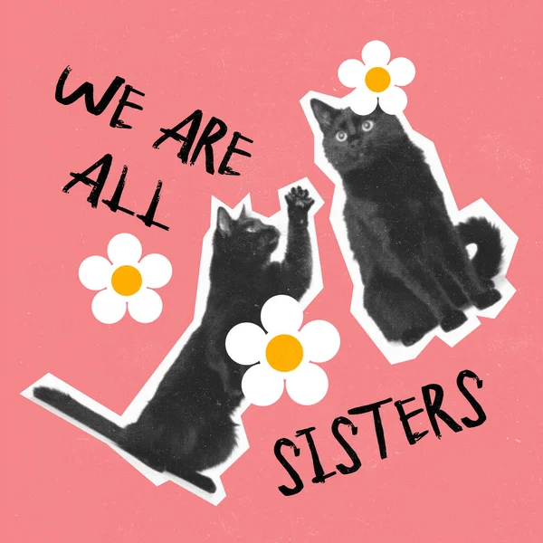 Contemporary art collage. Conceptual image with two black cats on pink background. Looking the same. Concept of human equality, freedom, care, acceptance. Copy space for ad, poster