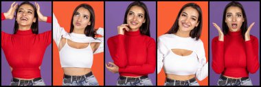 Kolaj. Kırmızı mor arka planda izole edilmiş pozitif duyguları olan güzel genç kadın portreleri. Duyguların kavramı, yüz ifadesi, duygular, moda, güzellik, reklam