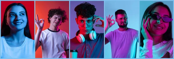 Kolaj Genç Insanların Portresi Neon Işıkta Çok Renkli Arka Planda — Stok fotoğraf