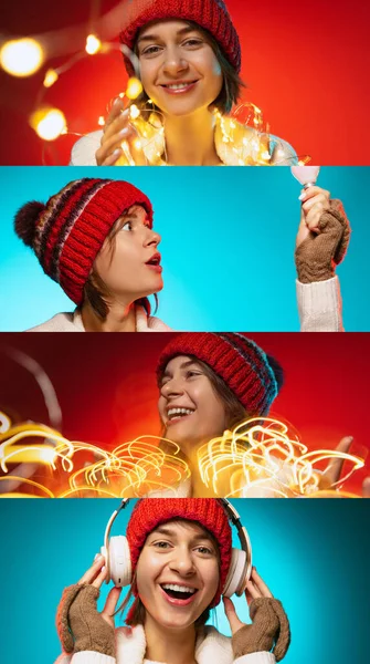 Collage Cheerful Young Woman Winter Knitted Hat Lights Posing Isolated — Foto de Stock