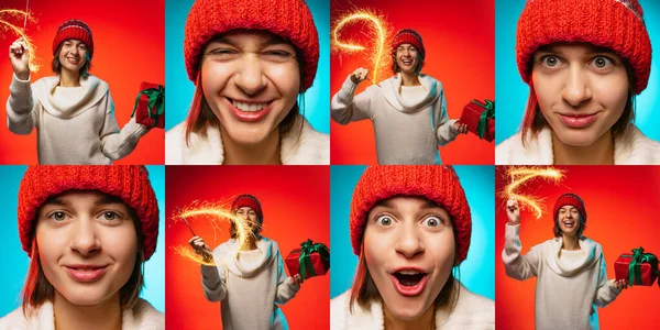 Collage Cheerful Young Woman Winter Knitted Hat Lights Posing Isolated — Fotografia de Stock