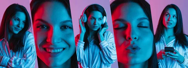 Collage Portraits Young Beautiful Woman Posing Showing Pleasant Emotions Listening — Fotografia de Stock