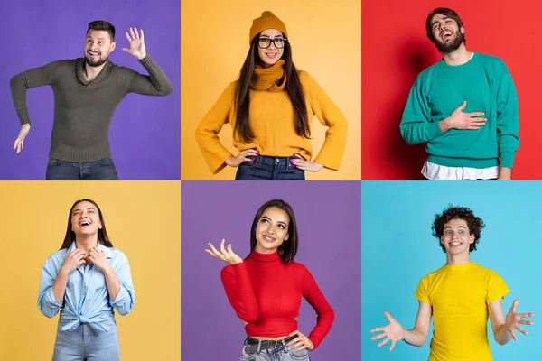 Collage Portraits Young Cheerful People Posing Isolated Multicolored Background Showing — Stock Fotó