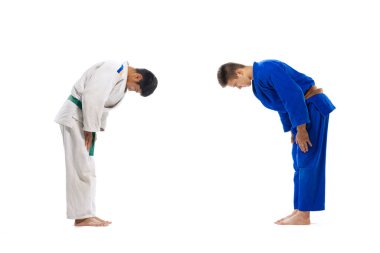 Portrait of two young men, martial arts sportsmen greeting, bowing isolated over white background. Before fight. Concept of martial art, combat sport, health, strength, energy, fit. Copy space for ad