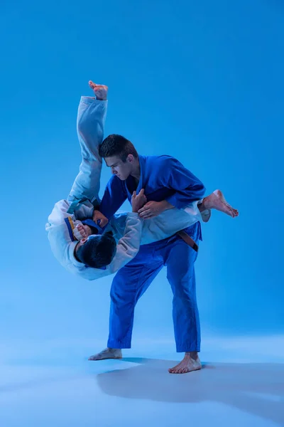Large Outer Reap Two Sportsmen Training Practising Martial Arts Judo — Stock Fotó