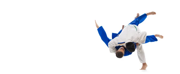 Studio Shot Two Men Professional Judo Athletes Training Isolated White — Φωτογραφία Αρχείου