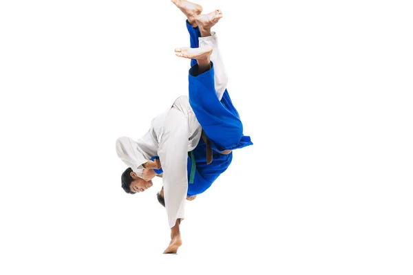 Studio Shot Two Men Professional Judo Athletes Training Practising Throws — Stock Fotó