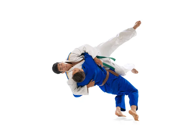 Studio Shot Two Men Professional Judo Athletes Training Isolated White — Fotografia de Stock